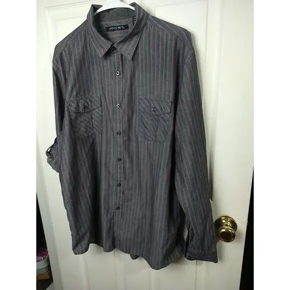 Axist Men's XL Shirt Purple Grey Striped Collared Roll Tab Sleeve - Picture 2 of 9